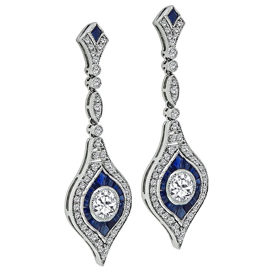 1.80ct Diamond 1.00ct Sapphire Dangling Earrings For Sale