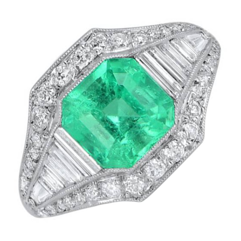 1.54ct Emerald Cut Colombian Natural Emerald Engagement Ring, Platinum 
