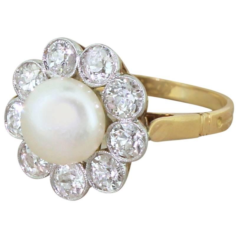Art Deco Natural Button Pearl & Old Cut Diamond Cluster Ring For Sale