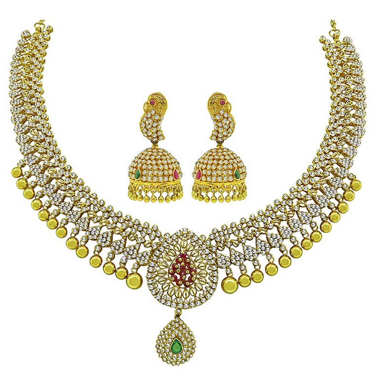 10.75ct Diamond Emerald Ruby Necklace and Earrings Set For Sale