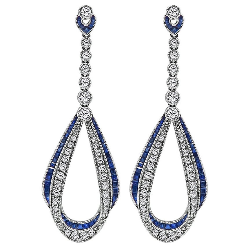 2.50ct Diamond 2.00ct Sapphire Dangling Earrings For Sale