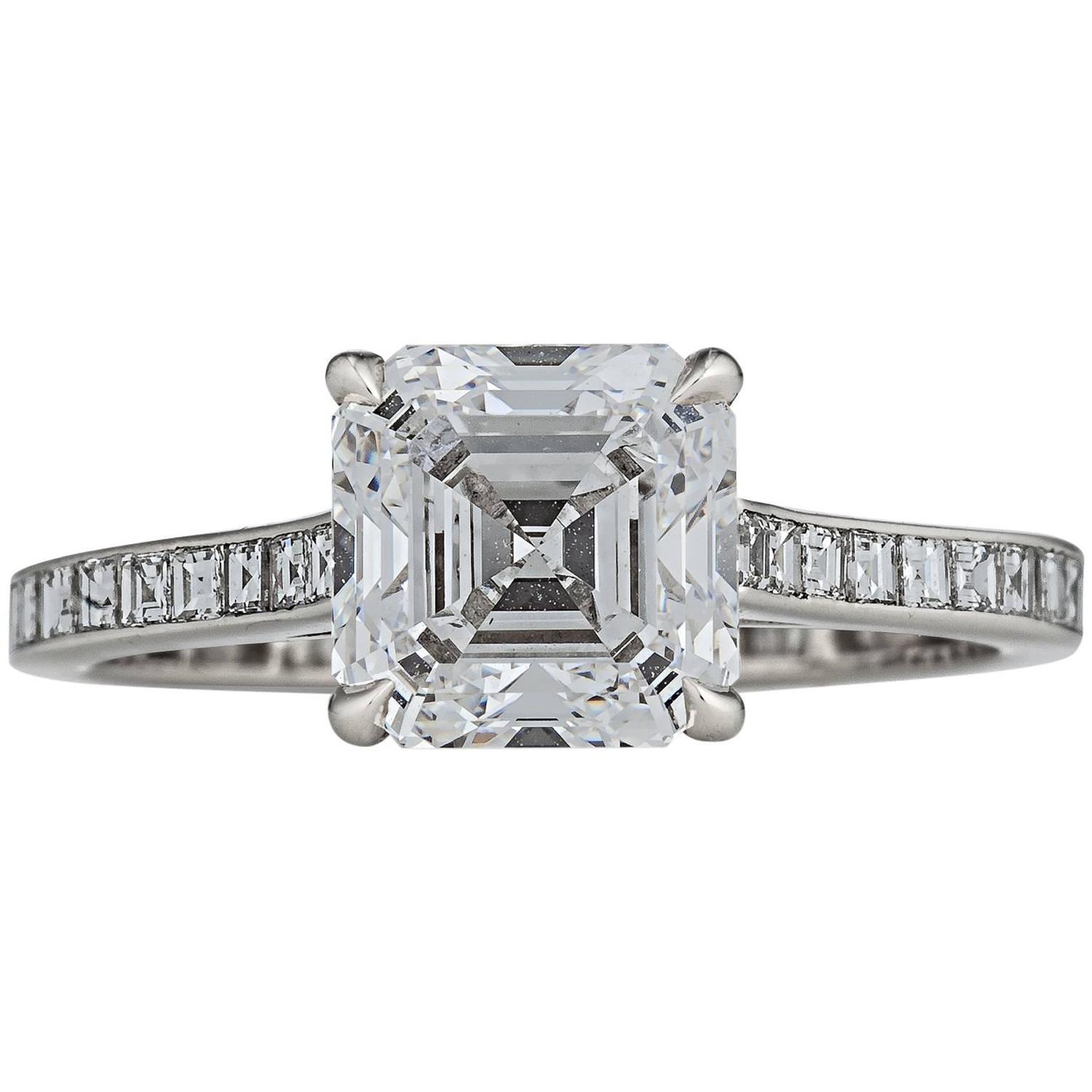 2.11 Carat Square Asscher Cut Diamond Platinum Engagement Ring For Sale at 1stdibs