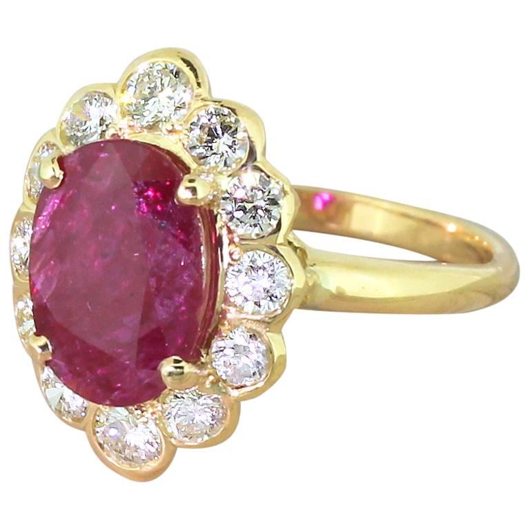 Mid Century 2.20 Carat Natural Ruby & 1.30 Carat Diamond Cluster Ring For Sale