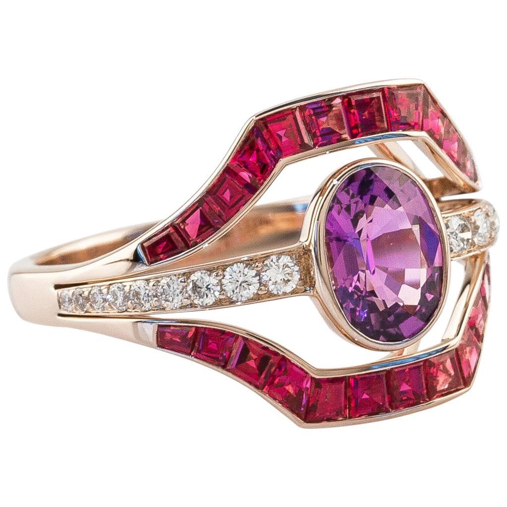 French Art Deco Style Purple Sapphire & Ruby & Diamond 18 Karat Rose Gold Ring