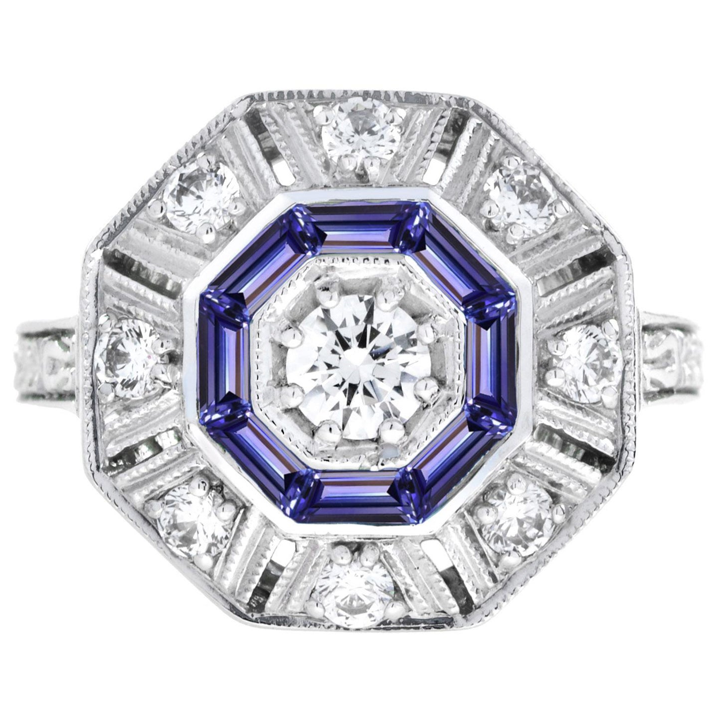 For Sale:  Tanzanite and Diamond Art Deco Style Target Ring in 18K White Gold