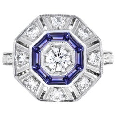 Tansanit und Diamant Art Deco Stil Target Ring aus 18 Karat Weißgold mit Tansanit