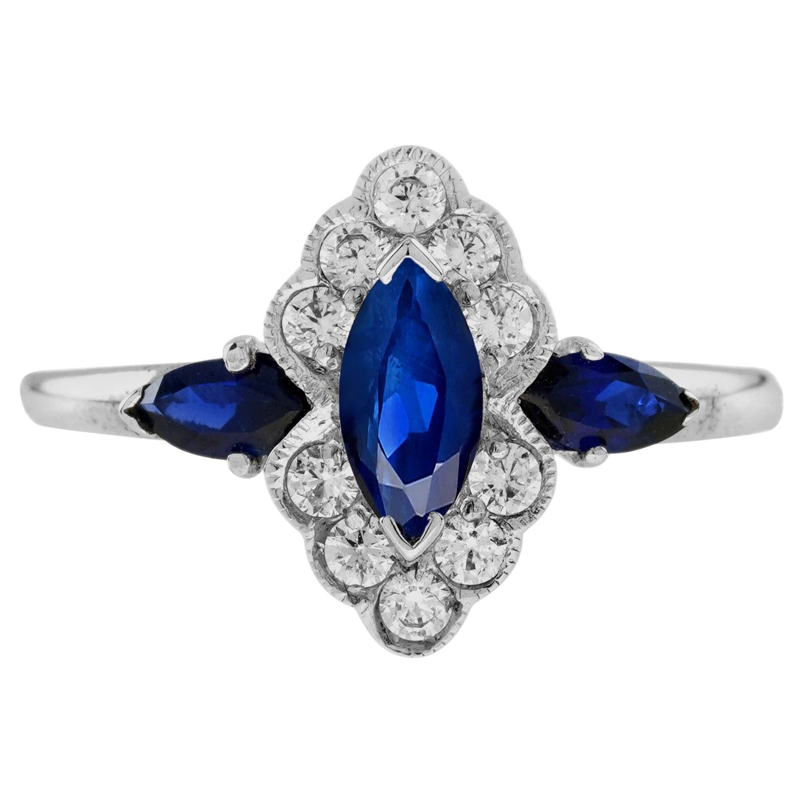 For Sale:  Marquise Blue Sapphire and Diamond Halo Ring in 14K White Gold