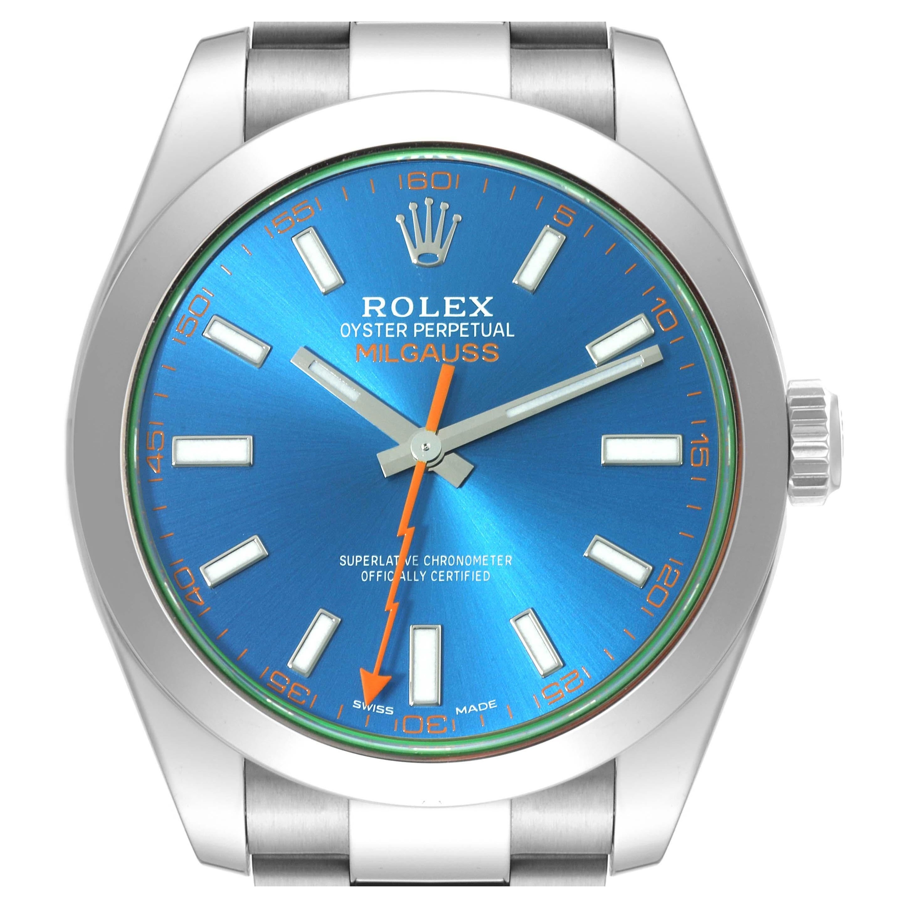 Rolex Milgauss Blue Dial Green Crystal Steel Mens Watch 116400GV Box Card