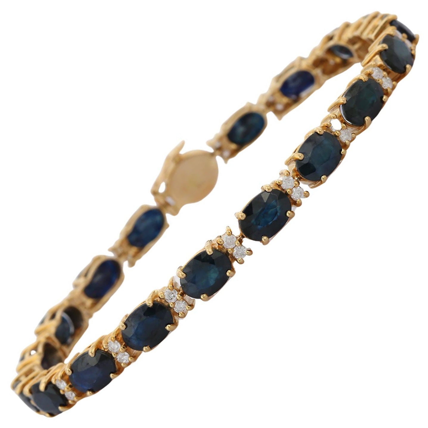 Bracelet tennis en or jaune massif 14 carats avec saphir bleu profond et diamants en vente