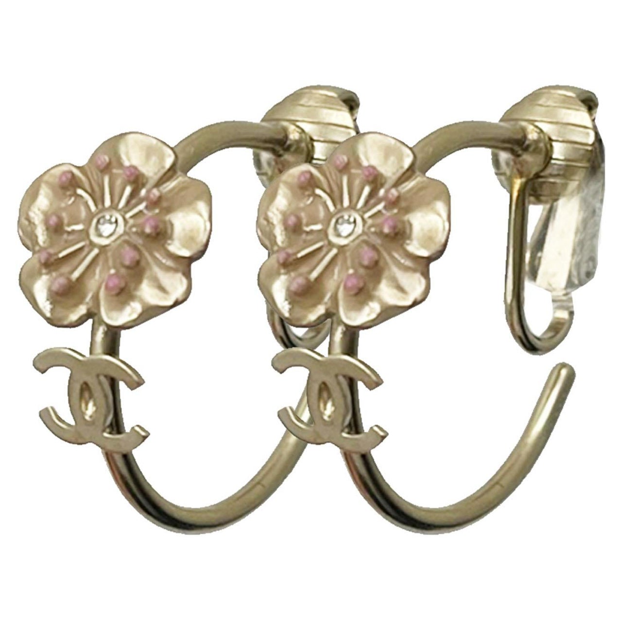 Chanel Gold CC Pink Flower Hoop Clip on Earrings 