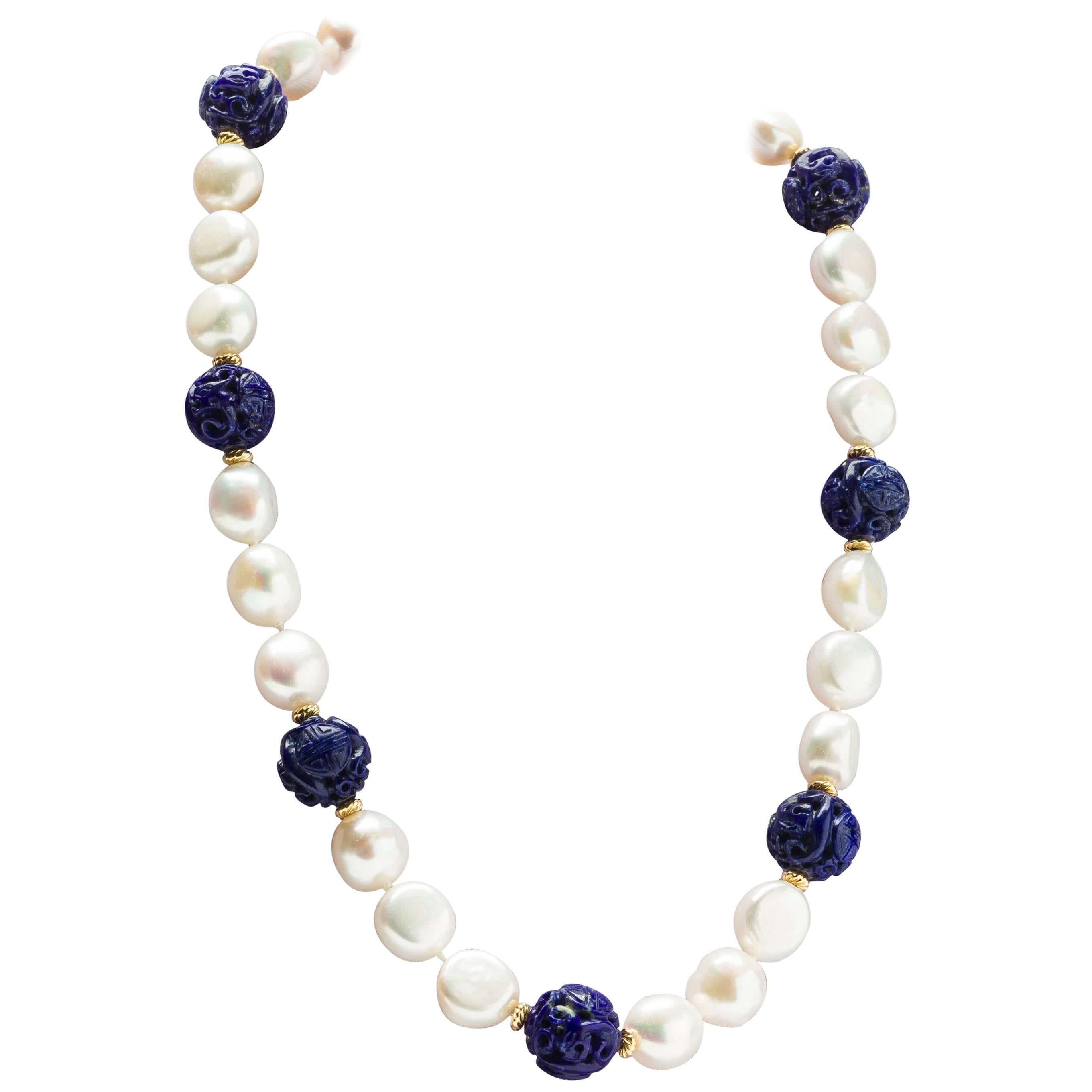 Pearl carved Lapis bead Necklace