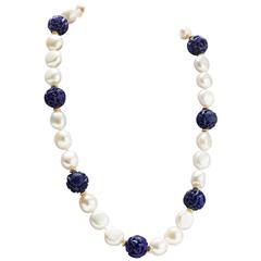 Pearl carved Lapis bead Necklace 8