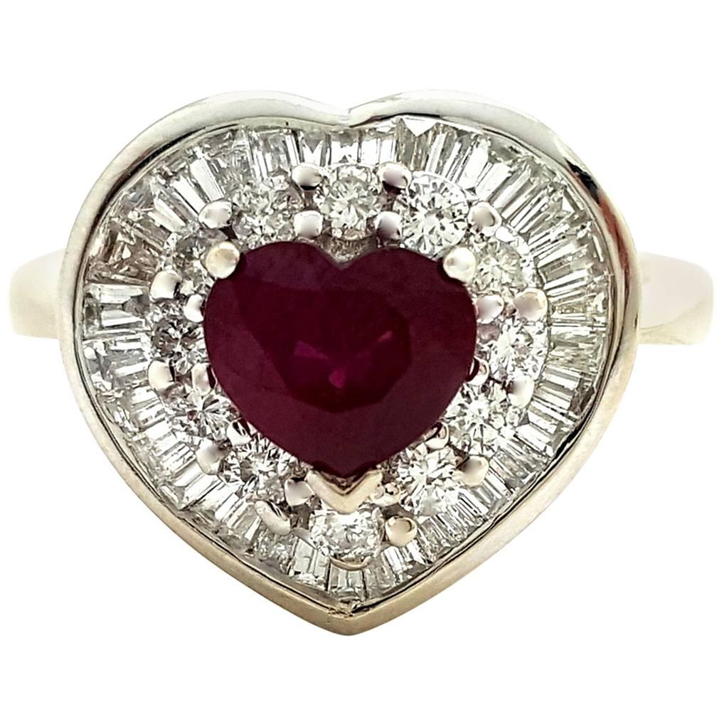 A Beautiful Heart Cut Ruby and Diamond Ring in 18k White Gold For Sale