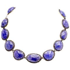 Large Rose-Cut Tanzanite Necklace with Diamond Bezel in Oxidized Sterling Silver