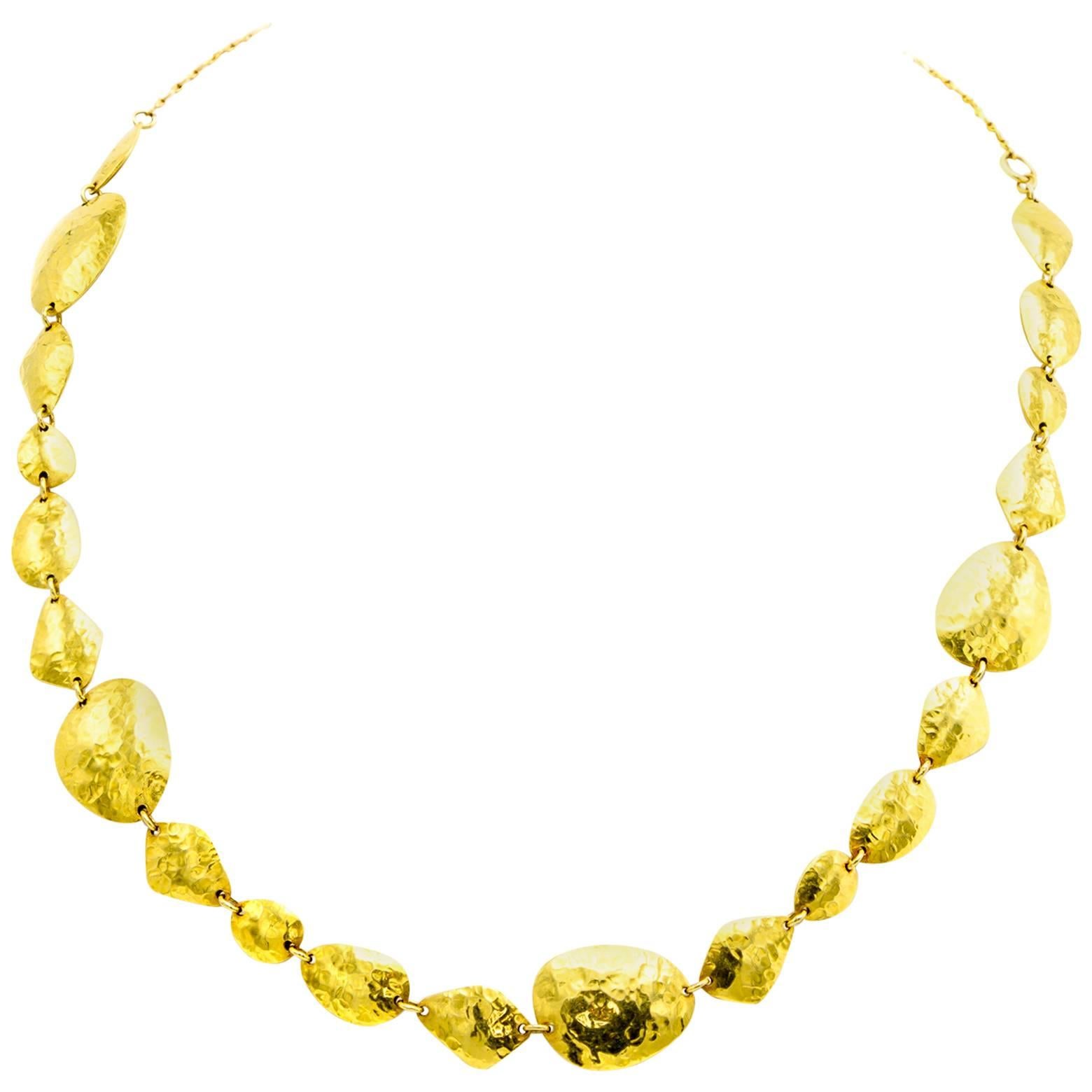 Architectual Gold Necklace with Various Shapes of Hammered Gold Links