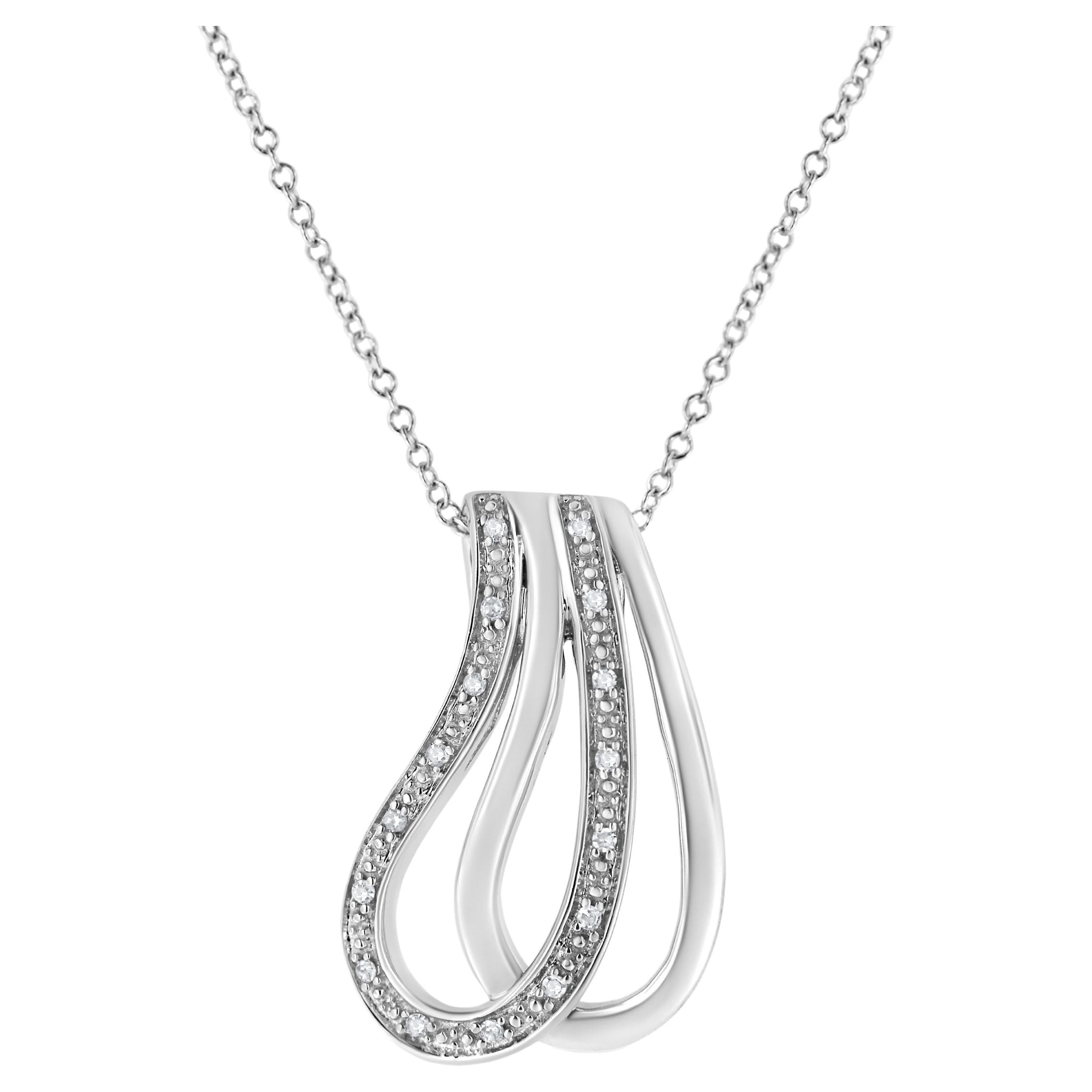 .925 Sterling Silver Pave-Set Diamond Accent Double Curve Pendant Necklace For Sale