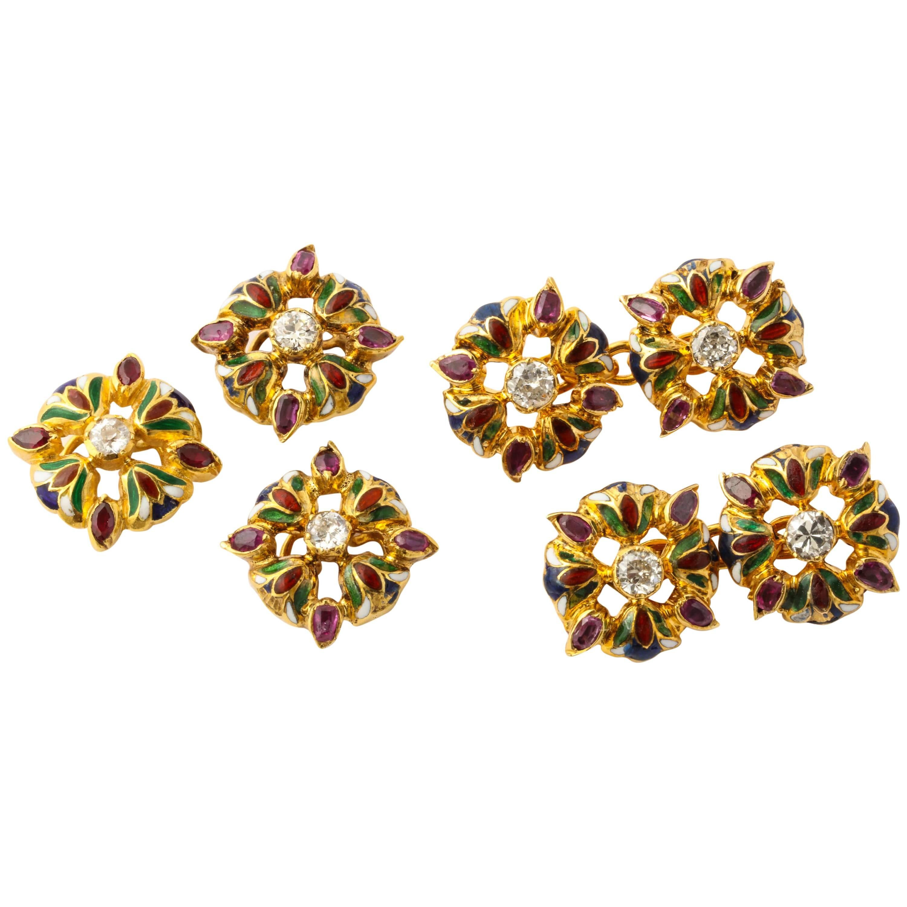 Egyptian Lotus Flower Diamond Ruby Enameled Gold Cufflink and Stud Set