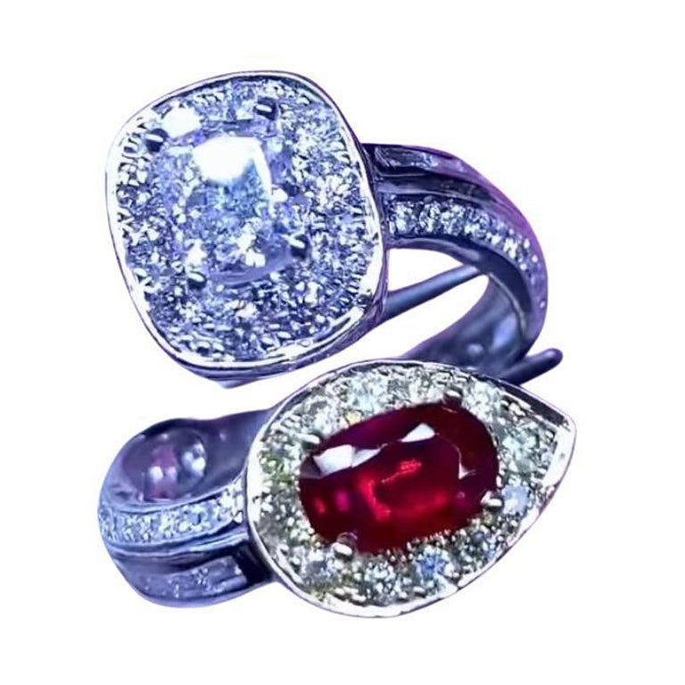 GIA Certified 1.00 Ct Diamonds Certified 1.04 Ct Untreated Mozambique Ruby Ring  For Sale