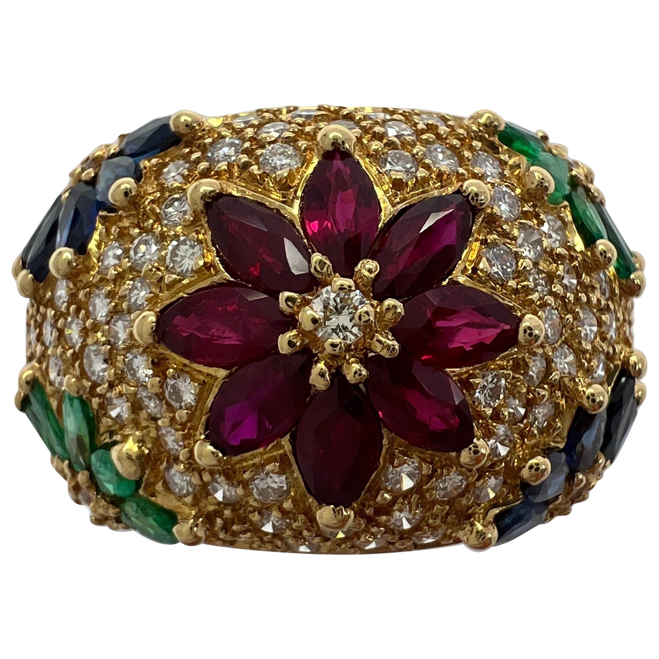 3.76ct Fine Tutti Frutti Ruby Sapphire Emerald Diamond 18k Yellow Gold Dome Ring