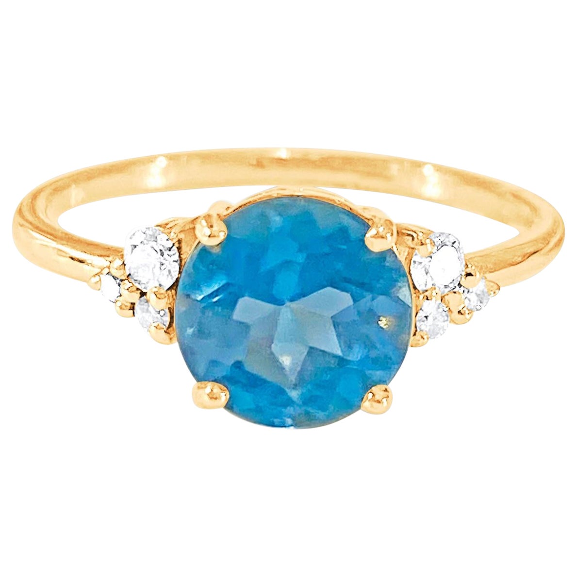 Aquamarine Round & Diamond Ring In 18K Yellow Gold For Sale