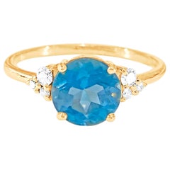 Aquamarine Round & Diamond Ring In 18K Yellow Gold