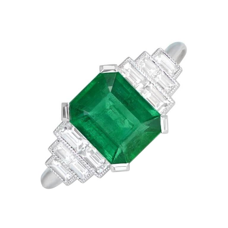 1.60ct Emerald Cut Natural Emerald Engagement Ring, Platinum For Sale
