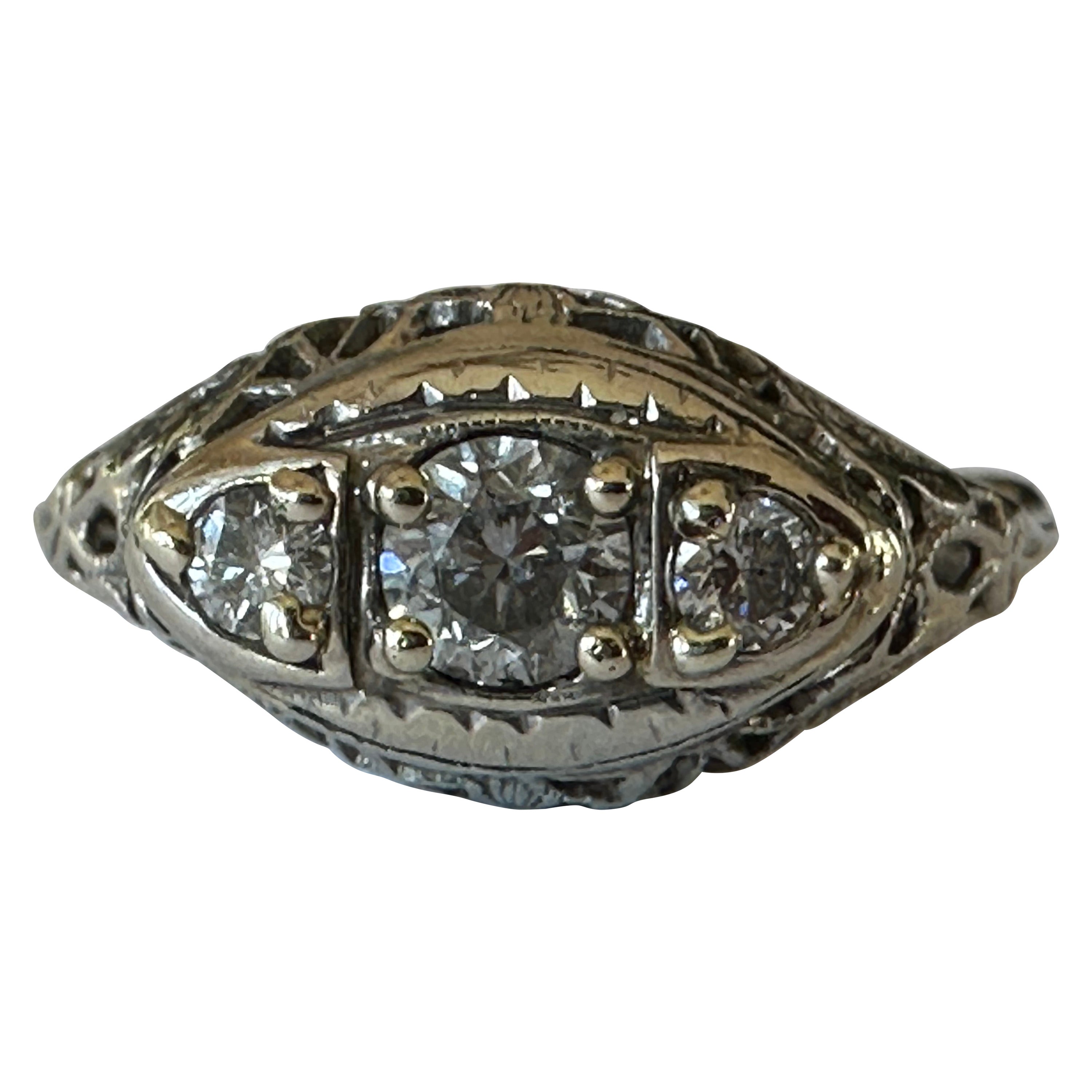 Art Deco Three-Stone Diamond and Filigree Ring  For Sale