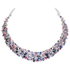 NO RESERVE! - 31.60cttw Sapphire & 4.01 Tourmaline 14K White Gold Necklace