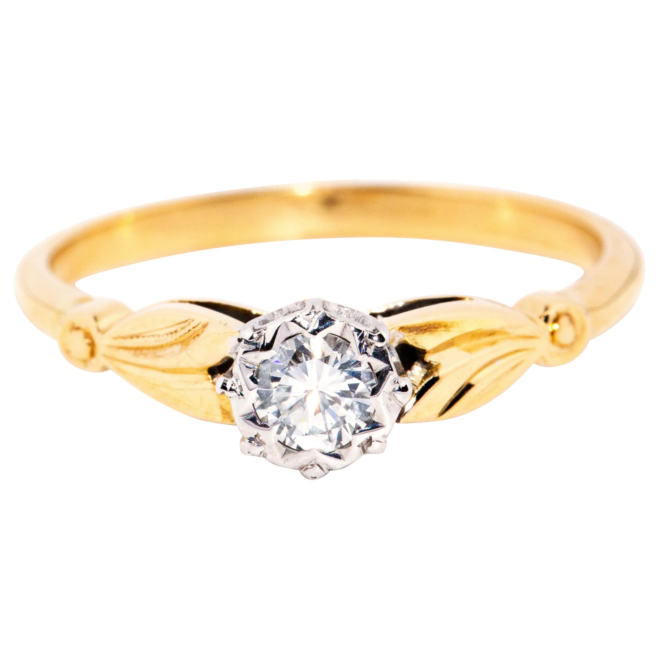 Vintage Circa 1960s Round Brilliant Diamond Solitaire Ring 18 Carat Yellow Gold For Sale