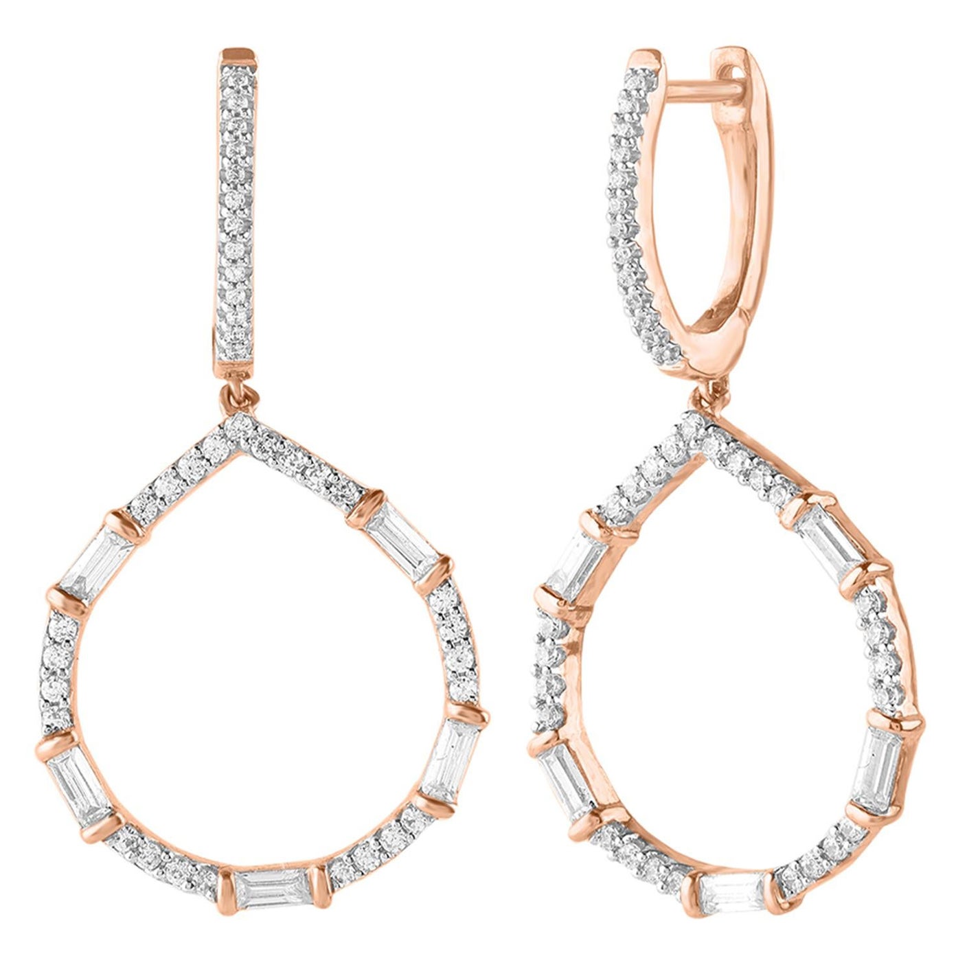 TJD 0.75 CT Round & Baguette Diamond 18 Karat Rose Gold Drop Dangling Earrings For Sale