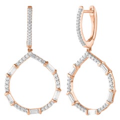 TJD 0.75 CT Round & Baguette Diamond 18 Karat Rose Gold Drop Dangling Earrings