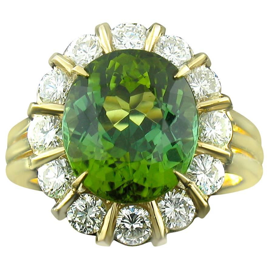 Green Tourmaline and Diamond Ring in Yellow Gold