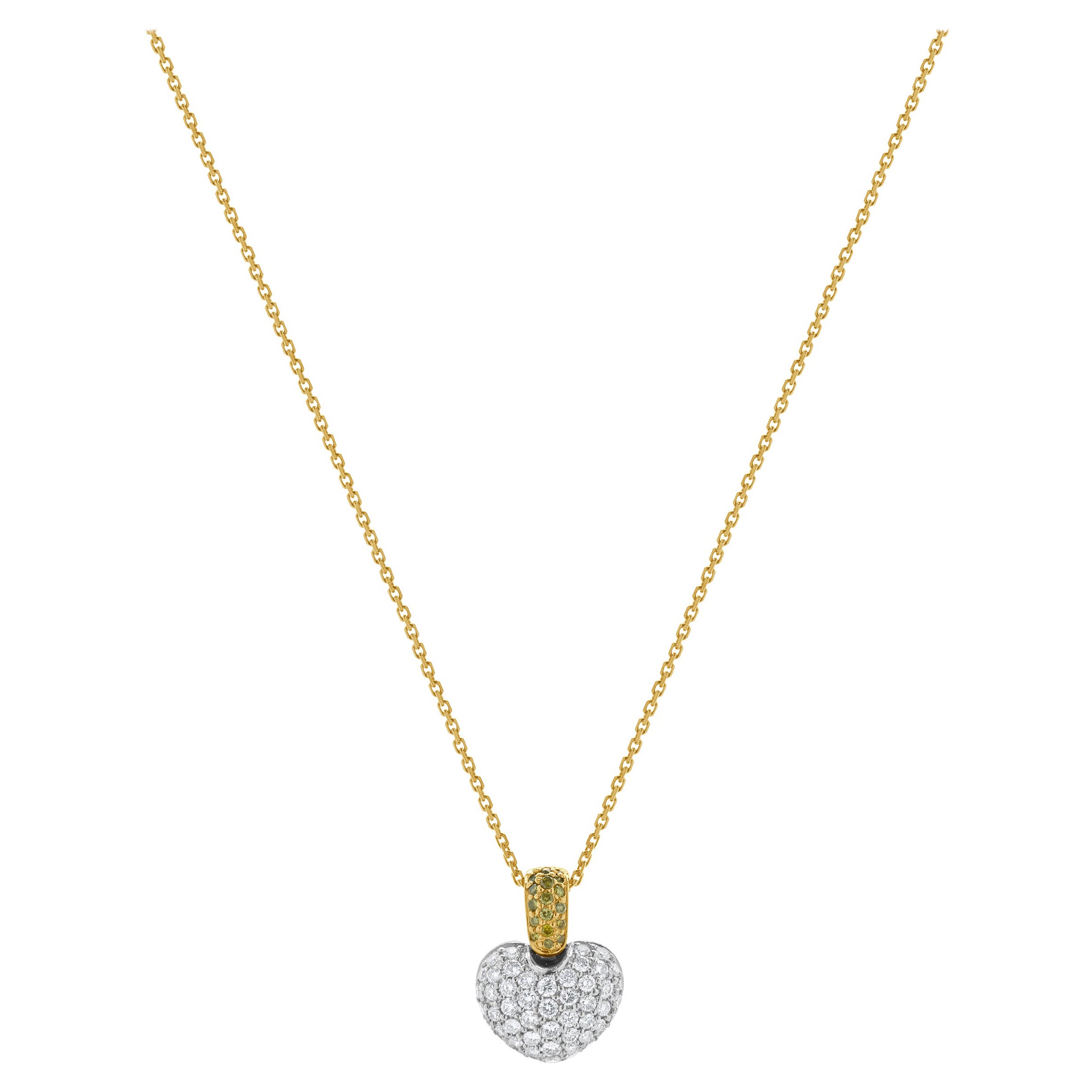 18K White & Yellow Gold Fancy Yellow and White Diamond Puffed Heart Necklace For Sale