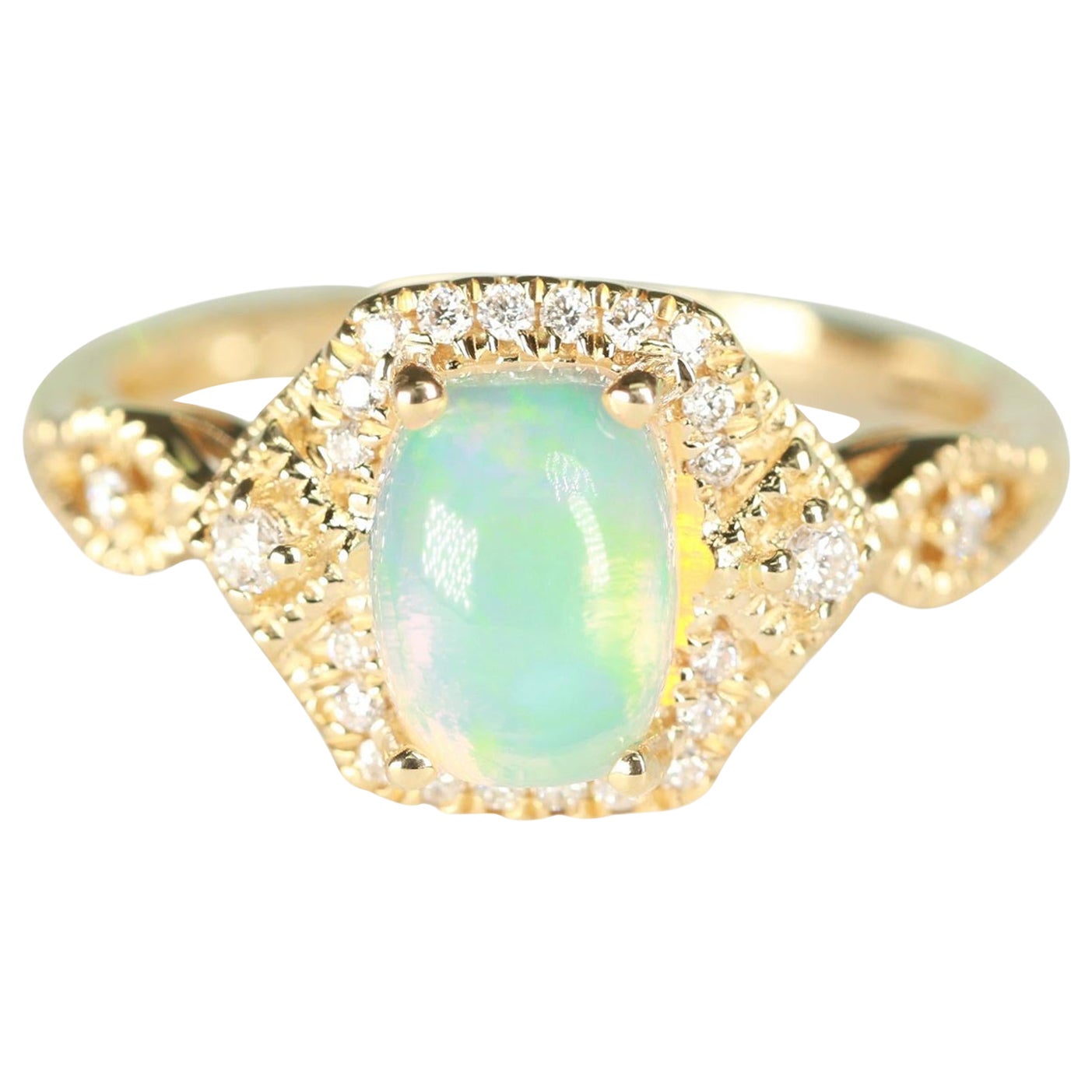 Gin and Grace 14K Yellow Gold Ethiopian Opal Ring with Real Diamonds for Women For Sale