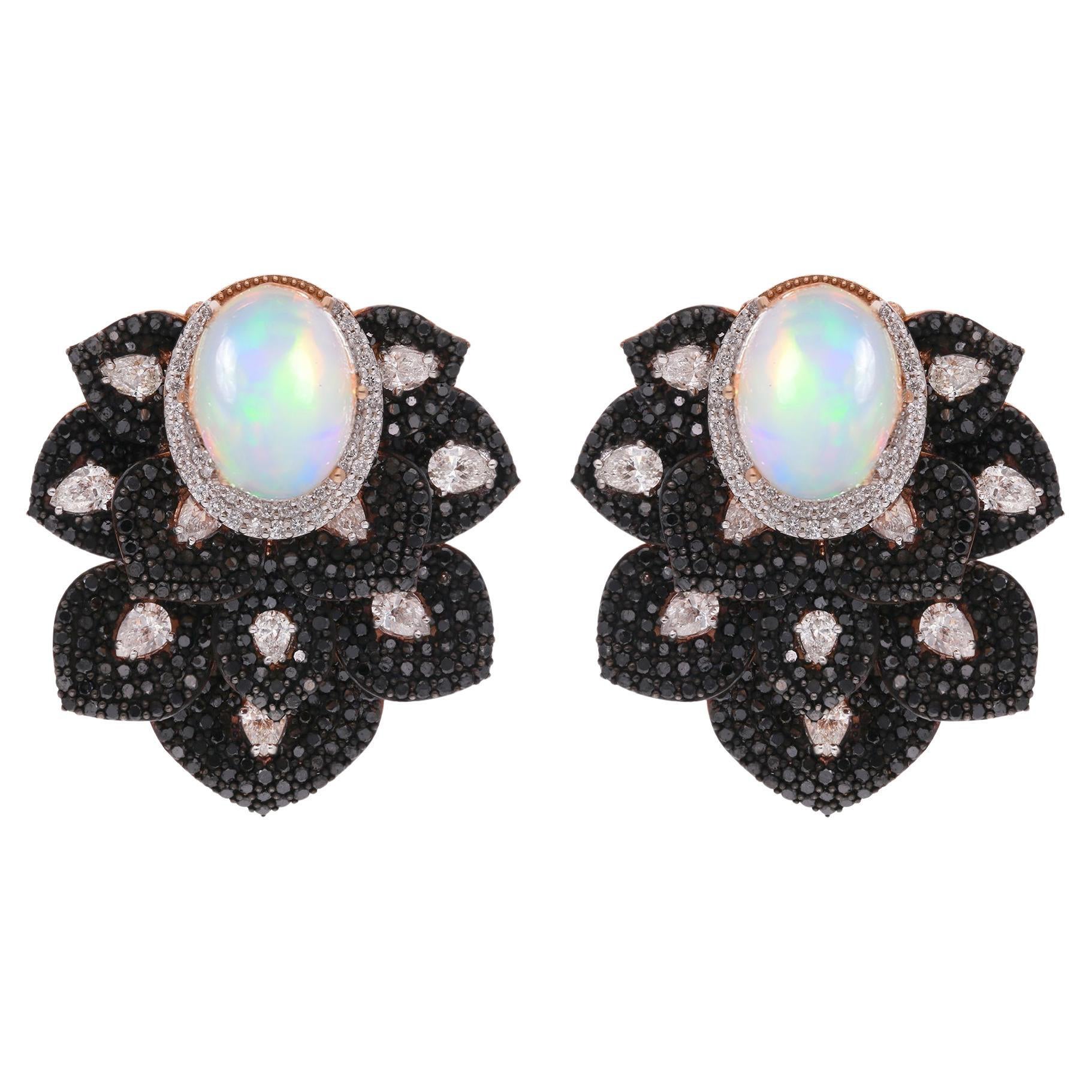 White & Black Diamond Stud Earrings Opal Gemstone 14 Karat Rose Gold Jewelry