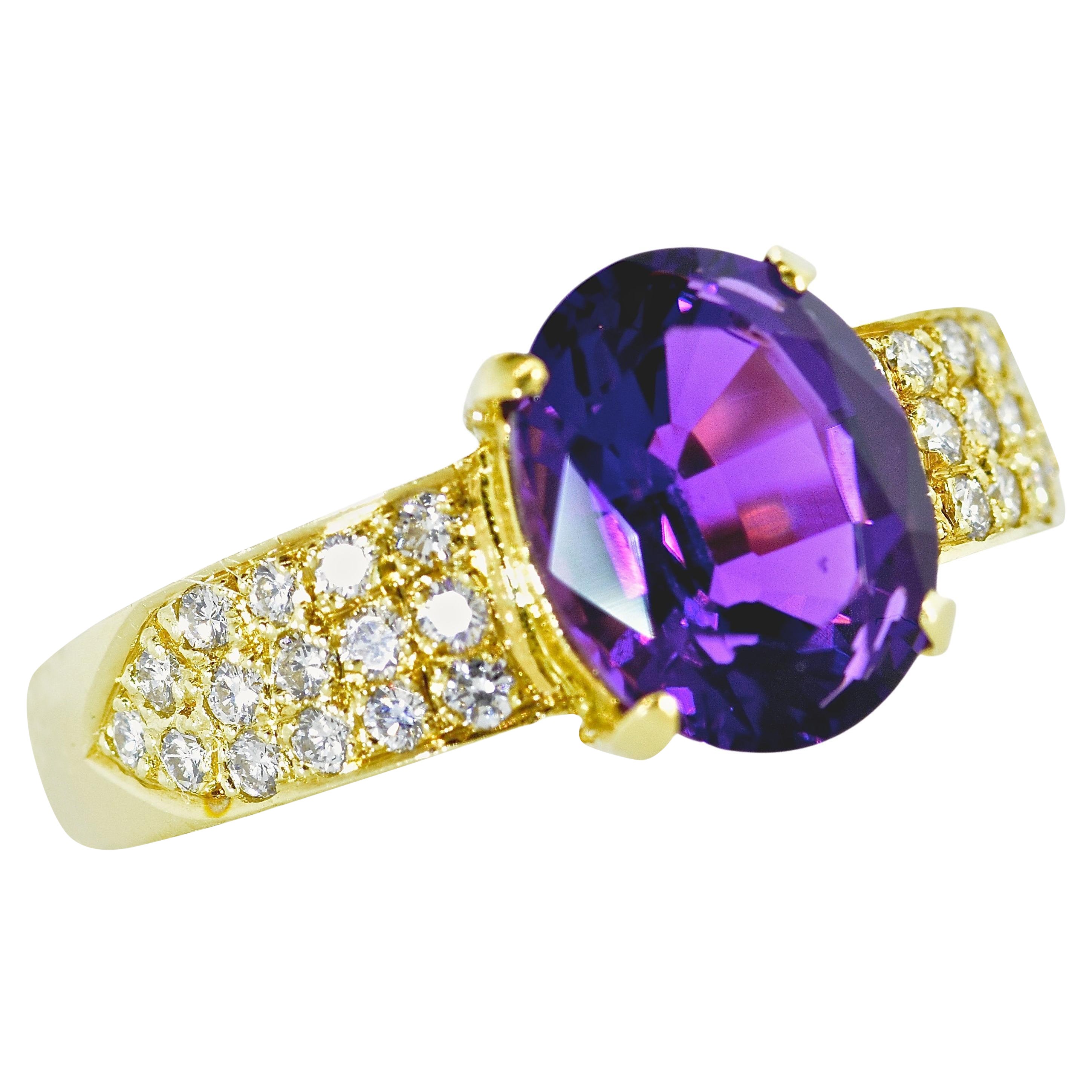 18K Yellow Gold, Fine White Diamond and Vivid Purple Amethyst Ring