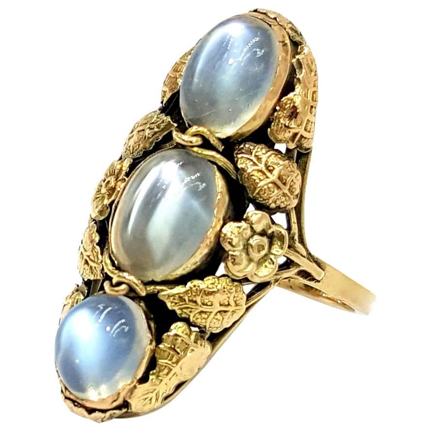 Circa 1894 to 1924 Arts and Crafts Gorgeous Vivid Blue Moon Stone 14kt Gold Ring For Sale