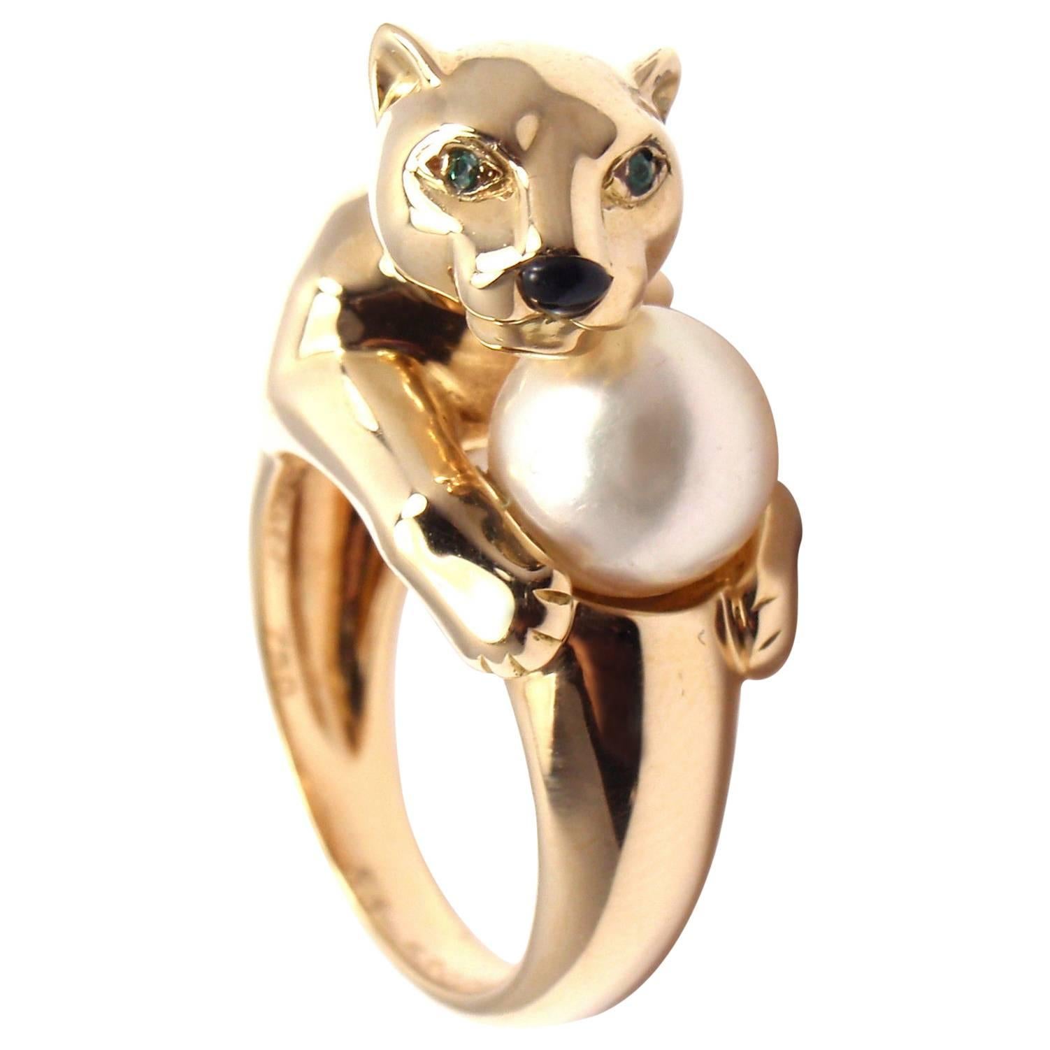 Cartier Panther Pearl Onyx Emerald Yellow Gold Ring