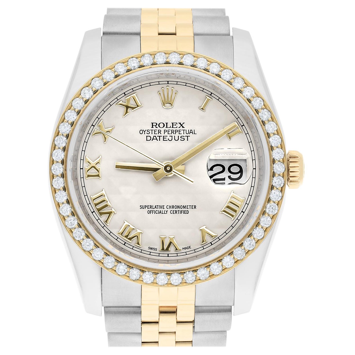 Rolex Datejust 36 Diamond Gold and Steel 116233 Ivory Pyramid Dial Jubilee Watch For Sale