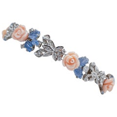 Coral, Sapphires, Diamonds, 14 Karat White Gold Retrò Bracelet.