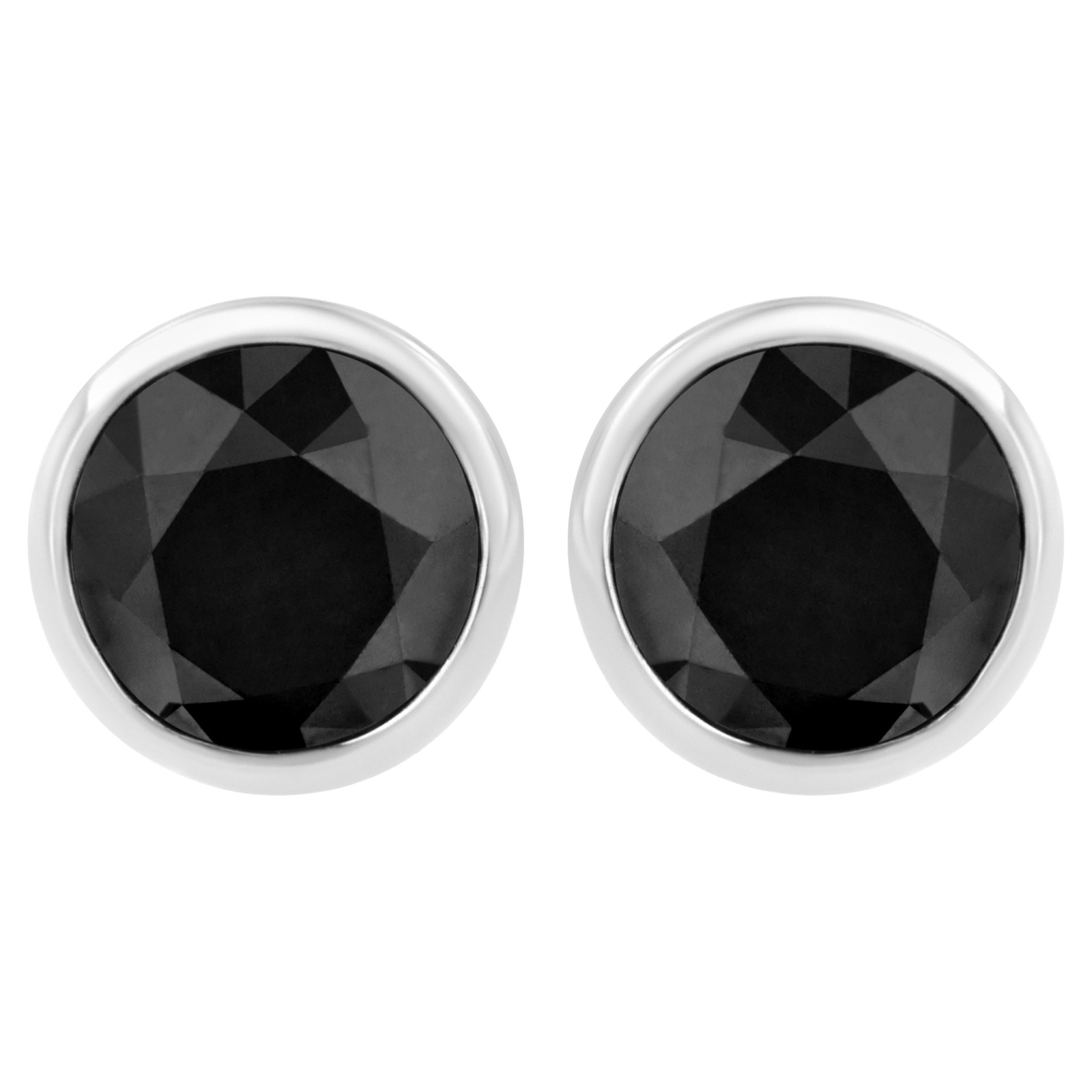 .925 Sterling Silver 1 1/2 Carat Treated Black Diamond Solitaire Stud Earrings