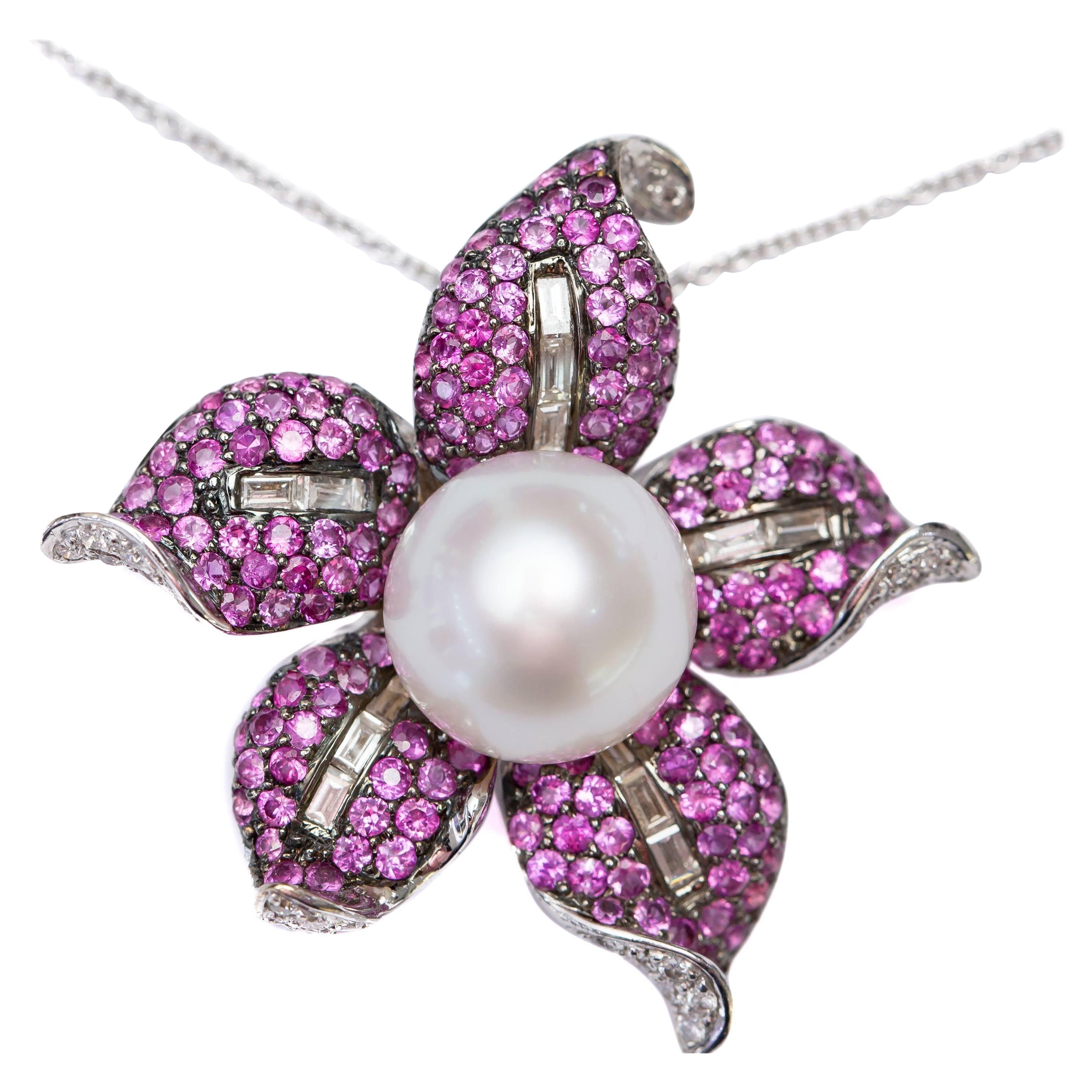Pink Sapphire Round Diamond 3.00 Carat Bespoke 18KT White Gold Pendant Brooch