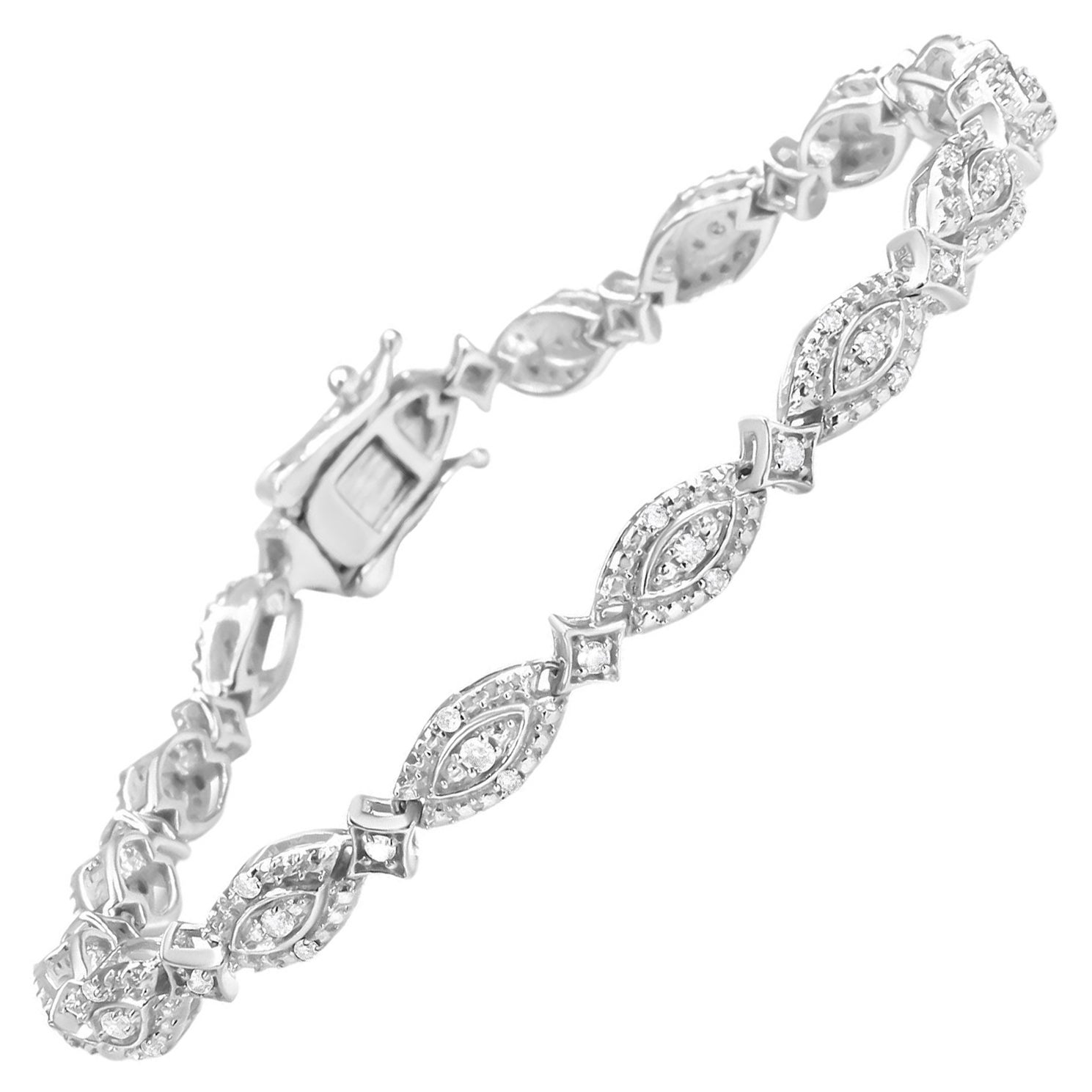 .925 Sterling Silver 1/2 Carat Diamond Marquise & Starburst Shaped Link Bracelet en vente