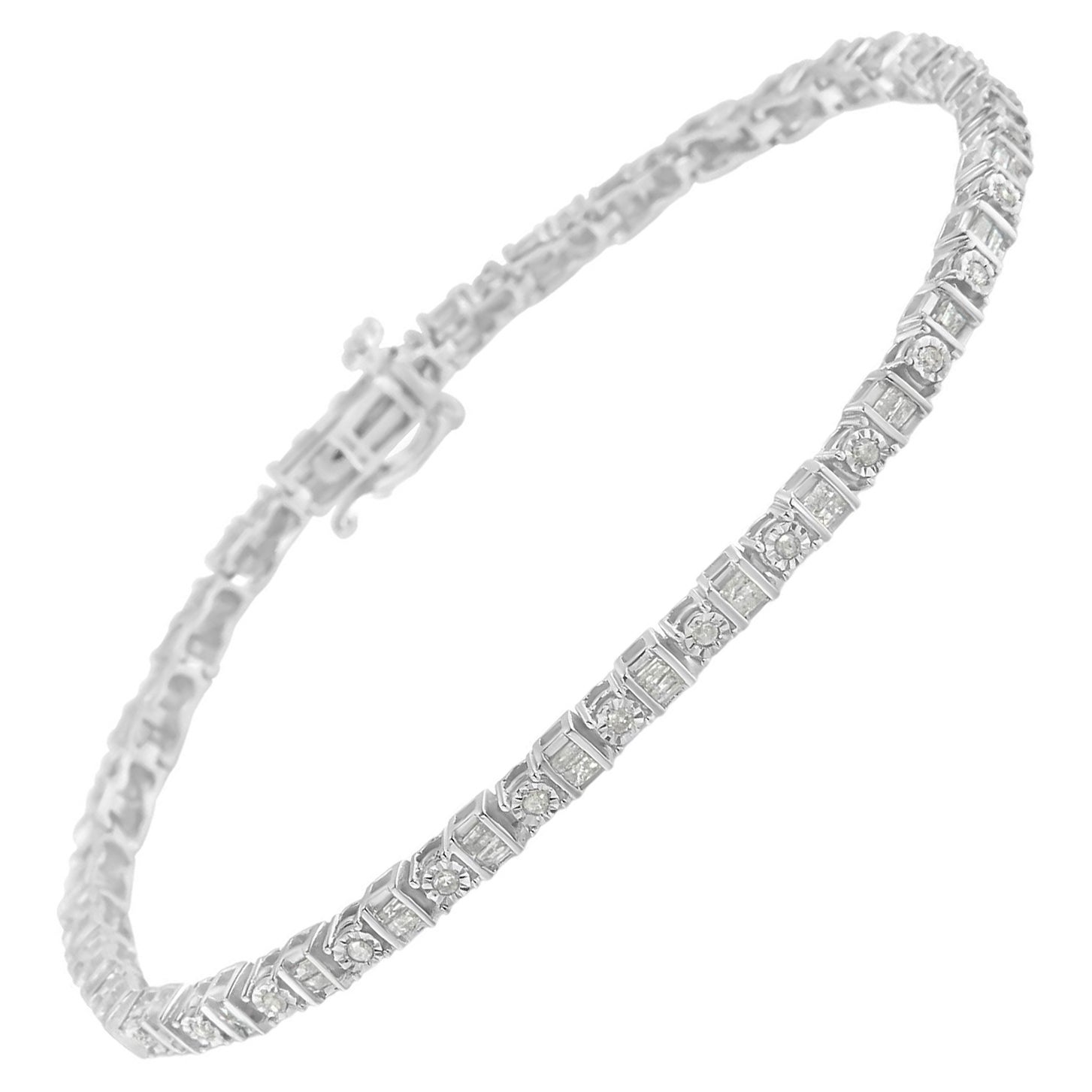 .925 Sterling Silver 1.0 Carat Round & Baguette Diamond Station Tennis Bracelet 