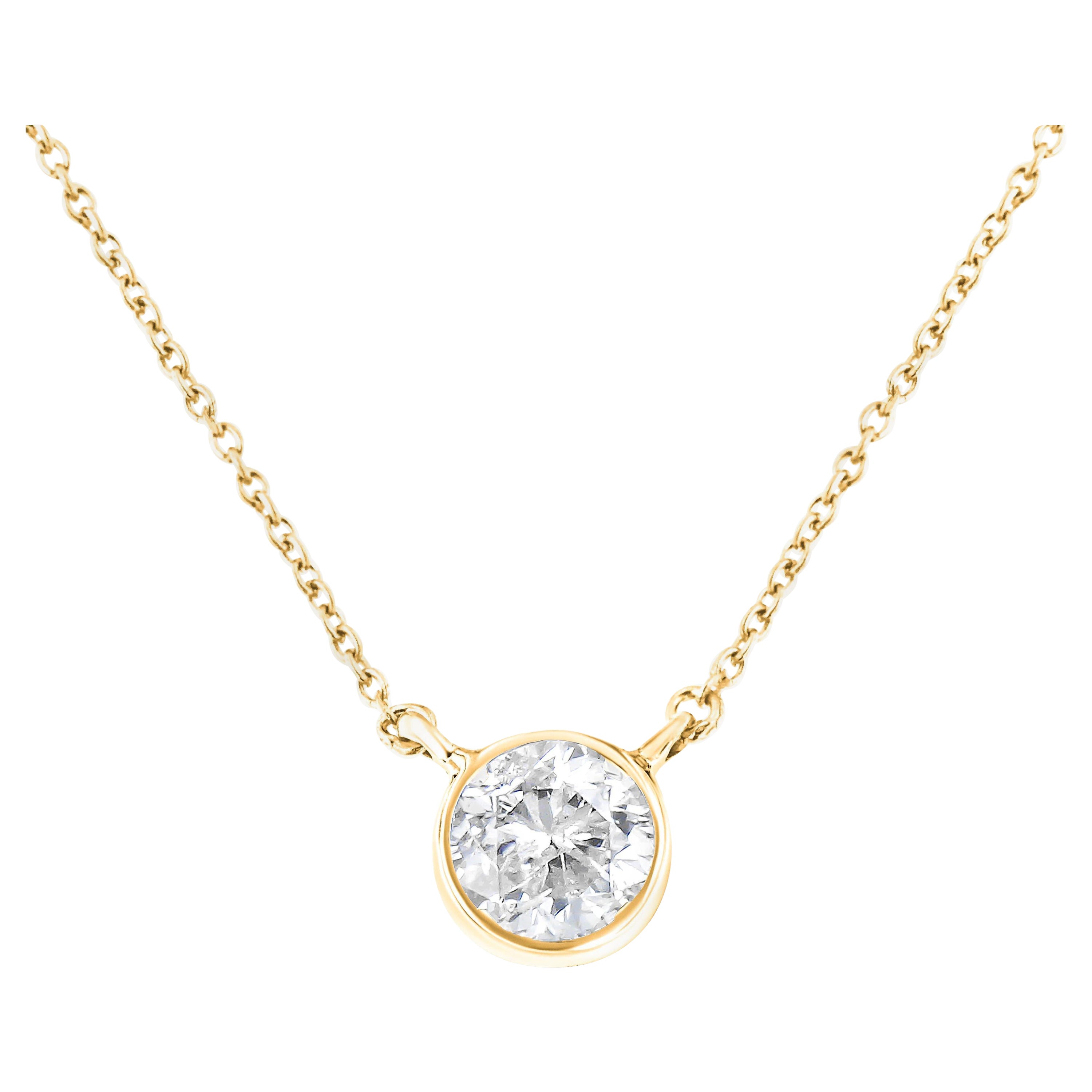 Yellow Gold Plated Sterling Silver Bezel Set 1/2 Carat Diamond Pendant Necklace For Sale