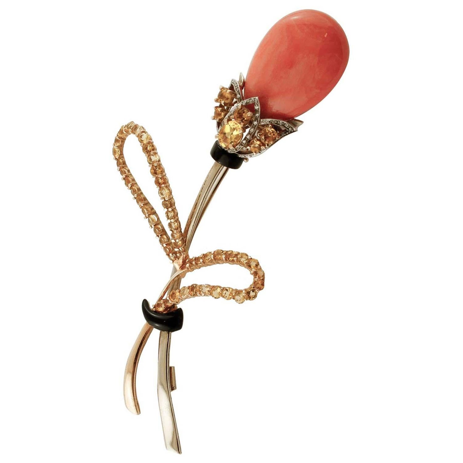 Big Coral, Onyx, Topazs, Diamonds, 14 Karat Rose Gold and White Gold  Brooch. For Sale