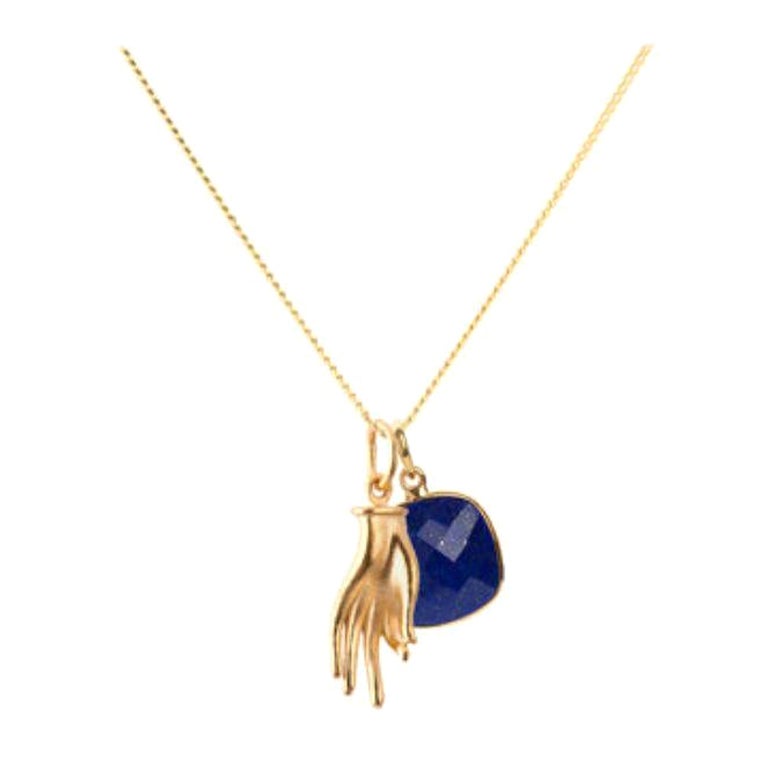 18K Gold Mudra Amulet + Lapis Lazuli Third Eye Chakra Pendant Necklace For Sale