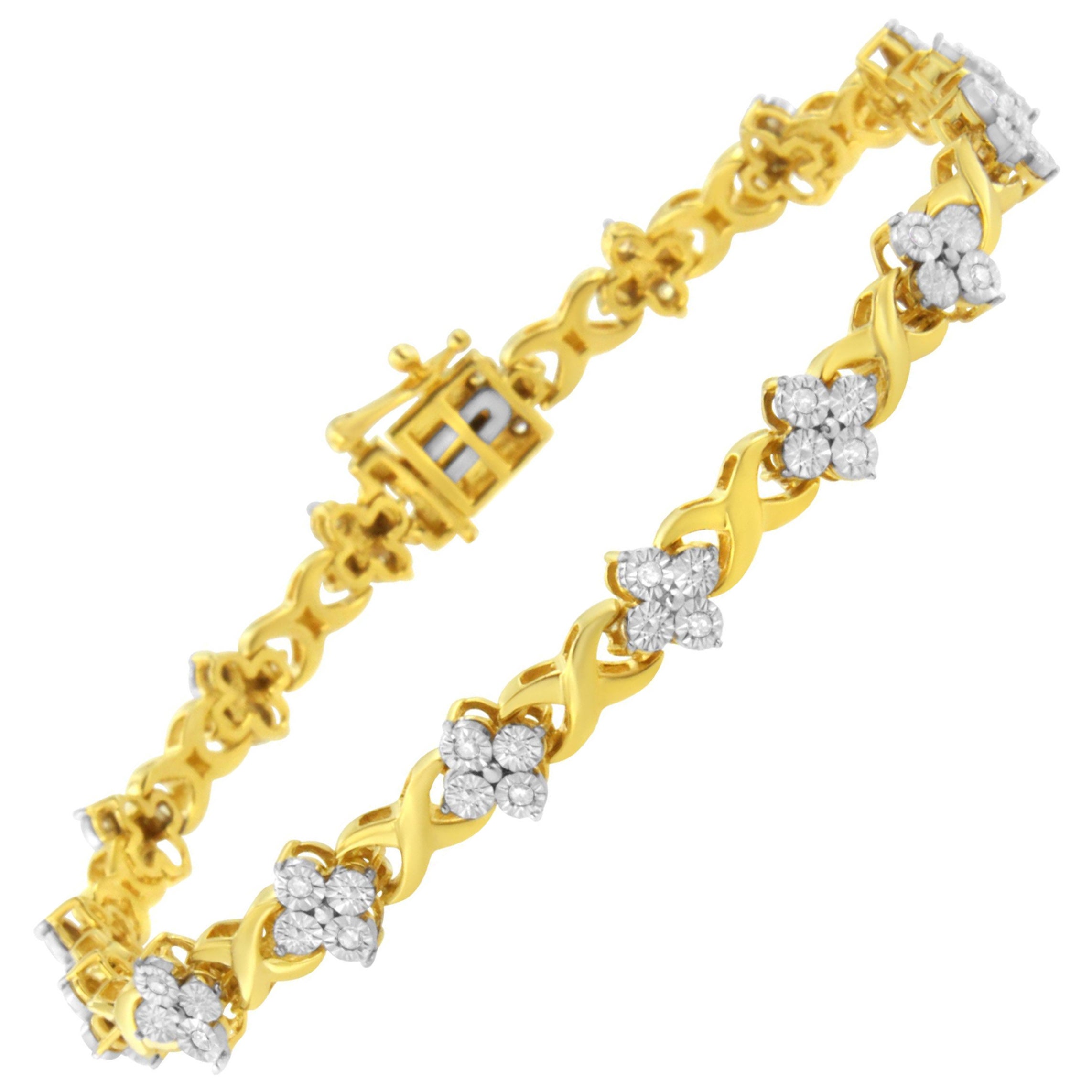 Yellow Gold Plated Sterling Silver 1/4 Carat Diamond Link Tennis Bracelet For Sale