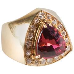 Trillion Rubelite & Diamond 18Kt Yellow Gold Cocktail Ring 3