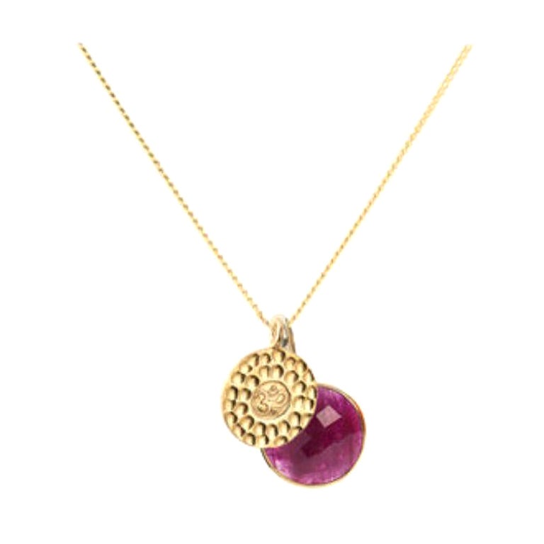 18K Gold Om Amulet + Ruby Root Chakra Pendant Necklace by Elizabeth Raine For Sale